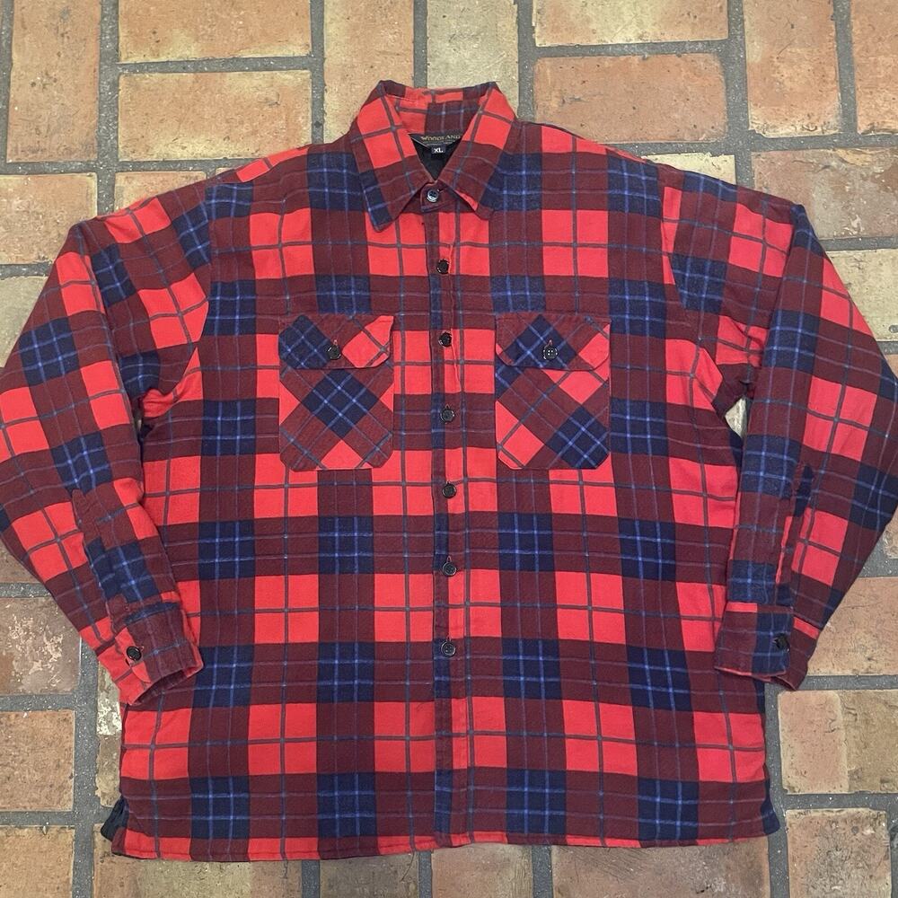 Woodland Quilted Flannel Jacket Men's XL Red Blue Shacket Outdoors 90s Y2K 00s